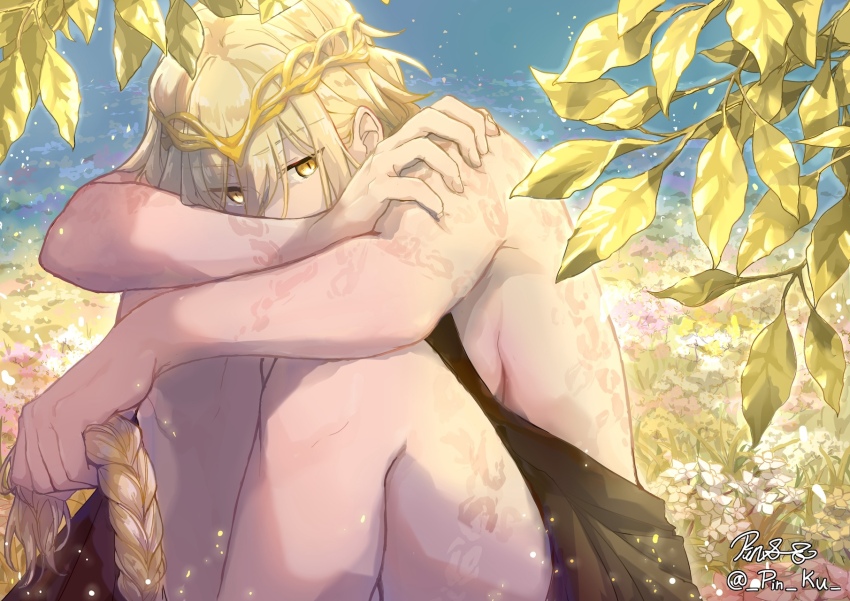 1girl bare_shoulders black_dress blonde_hair braid circlet commentary dress elden_ring english_commentary fingernails flower grass hair_between_eyes highres jewelry leaf long_hair looking_at_viewer pin.s plant queen_marika_the_eternal sitting sleeveless sleeveless_dress solo tattoo twitter_username very_long_hair water white_flower yellow_eyes