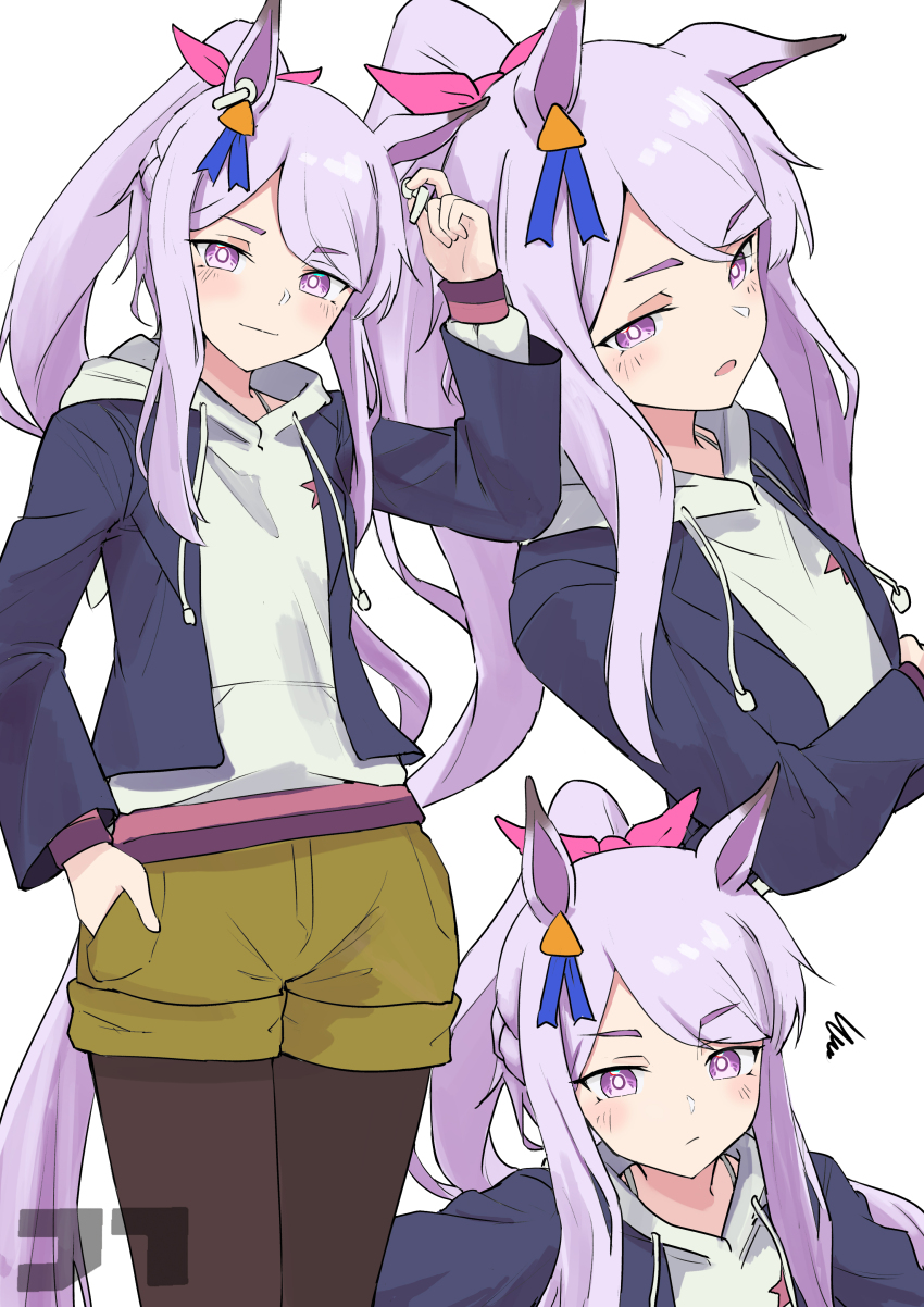 1girl absurdres animal_ears black_pantyhose braid hair_ribbon half_up_braid highres hood hoodie horse_ears horse_girl jacket jtleeklm long_hair pantyhose pink_eyes pink_hair ponytail ribbon shorts tokai_teio_(umamusume) umamusume very_long_hair white_background