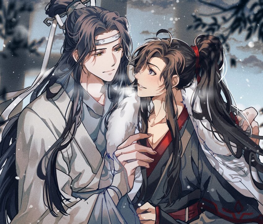 2boys ahoge bishounen black_hair black_hanfu blurry blurry_background blush breath chinese_clothes clothes_grab coat depth_of_field eye_contact fur-trimmed_coat fur_trim grey_eyes hair_bun hair_ornament hair_ribbon hand_up hanfu headband high_ponytail lan_wangji long_hair long_sleeves looking_at_another male_focus modao_zushi multiple_boys outdoors parted_bangs parted_lips ponytail profile red_ribbon ribbon robe ronpu_cooing sash sidelocks single_hair_bun sky smile snow snowing upper_body very_long_hair wei_wuxian white_hanfu white_headband wide_sleeves winter xiao_guan_(headdress) yaoi yellow_eyes