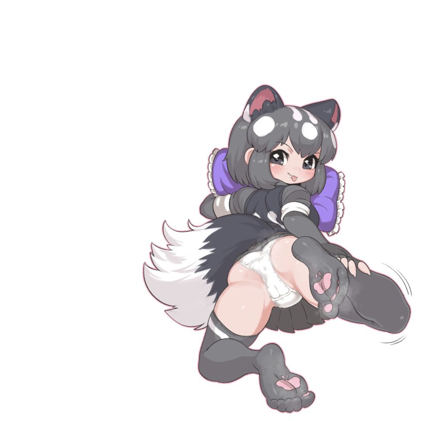 1girl animal_ears ass black_eyes black_hair black_vest blush cameltoe closed_mouth commentary_request commission covered_anus elbow_gloves extra_ears fang fang_out feet from_behind full_body gloves grey_gloves grey_skirt grey_thighhighs highres kemono_friends kuro_(kurojill) looking_at_viewer looking_back lying motion_lines multicolored_hair naughty_face necktie no_shoes on_stomach outline panties paw_print_soles pillow pink_outline pleated_skirt purple_pillow second-party_source shirt short_hair short_sleeves simple_background skindentation skirt skunk_ears skunk_girl skunk_tail soles solo spotted_skunk_(kemono_friends) steam steaming_clothes tail thighhighs toes tongue tongue_out two-tone_hair underwear vest white_background white_hair white_necktie white_panties