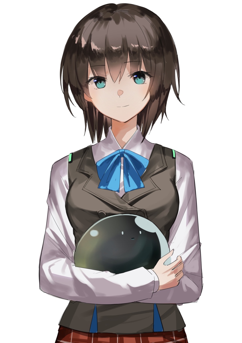 1girl absurdres aoi_erika aqua_eyes bad_anatomy bad_hands blue_bow blue_bowtie bow bowtie brown_hair brown_vest closed_mouth collared_shirt commentary_request hair_between_eyes heaven_burns_red highres kr_woyue long_sleeves looking_at_viewer narvy_(heaven_burns_red) plaid_clothes plaid_skirt red_skirt school_uniform shirt short_hair simple_background skirt smile solo standing upper_body vest white_background white_shirt