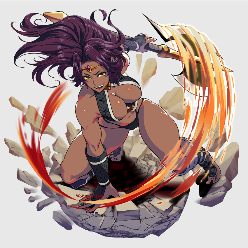 1girl amazon_(goblin_slayer!) amazon_warrior amazon_warrior_(goblin_slayer!) armor attack axe barefoot battle_axe bikini_armor breasts cameltoe circlet cleavage commission dark-skinned_female dark_skin fang female_focus forehead_jewel full_body goblin_slayer! greaves ground_shatter halterneck highres huge_weapon koda1ra large_breasts lips long_hair looking_at_viewer motion_lines muscular muscular_female navel parted_lips purple_hair skeb_commission solo teeth thick_thighs thighs toes upper_teeth_only vambraces weapon yellow_eyes