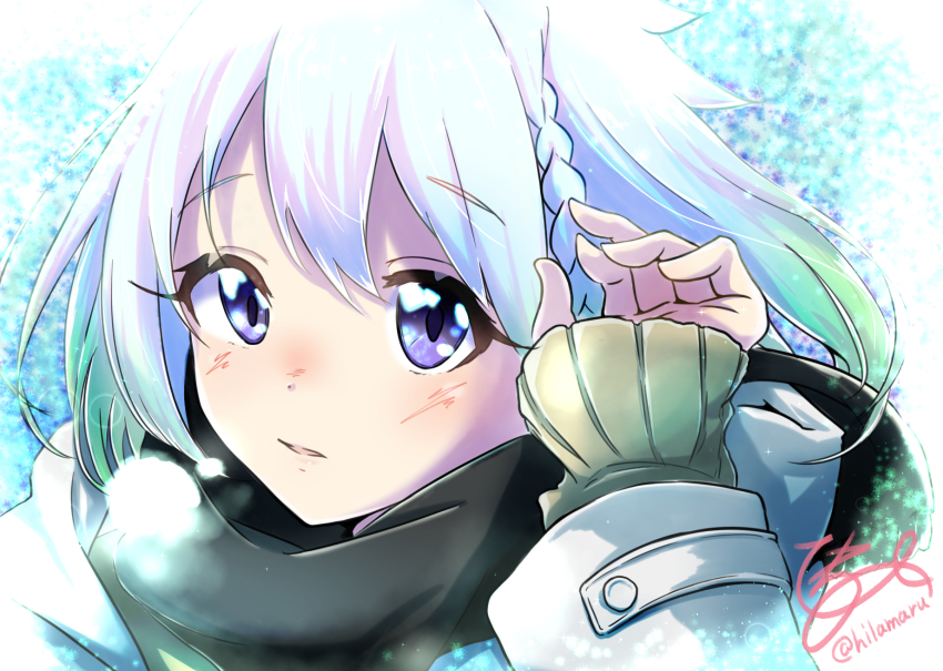 1girl braid eyelashes gradient_hair green_hair highres hilamaru jacket long_sleeves multicolored_hair portrait purple_eyes signature sleeves_past_wrists solo twitter_username virtual_youtuber white_hair white_jacket yuni_(yuni_channel) yuni_channel