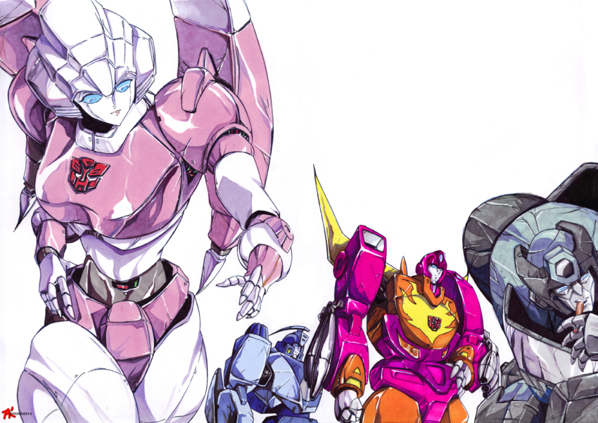 1girl 3boys arcee autobot badge blurr_(transformers) hinomars19 hot_rod_(transformers) kup_(transformers) multiple_boys robot science_fiction simple_background smoking traditional_media transformers transformers:_generation_1