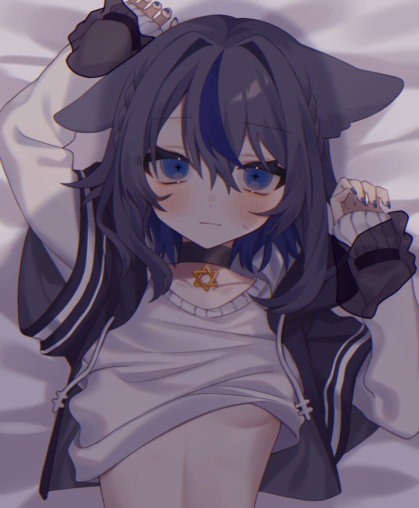 1girl absurdres animal_ears asano_yoru asano_yoru_(artist) breasts clothes_lift disembodied_hand ears_down fox_ears fox_girl held_down hexagram highres holding_another&#039;s_wrist hood hood_down hooded_jacket indie_virtual_youtuber jacket layered_sleeves long_sleeves looking_at_viewer multicolored_hair no_bra open_clothes open_jacket pov purple_eyes purple_hair restrained short_hair short_over_long_sleeves short_sleeves small_breasts stomach streaked_hair sweatdrop sweater sweater_lift two-tone_hair