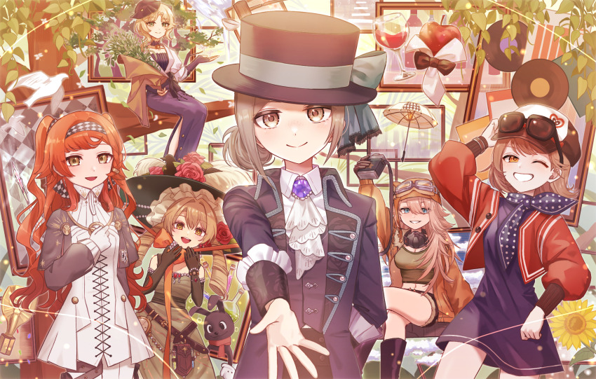 6+girls :d animal_ear_headwear animal_ears apple apple_(reverse:1999) arm_behind_back arm_up ascot aviator_cap bare_shoulders belt belt_pouch black_bow black_bowtie black_coat black_footwear black_hat black_vest blonde_hair blue_bow blue_dress blue_eyes blue_neckerchief boater_hat bouquet bow bowtie breasts brown_belt brown_gloves brown_hat brown_jacket brown_shorts newsboy_cap checkered_hairband chin_strap cleavage coat collared_shirt crossed_legs dress drill_hair druvis_iii elbow_gloves equilibrium_umbrella eyewear_on_headwear fake_animal_ears flower food fruit gloves goggles goggles_on_headwear green_dress green_eyes green_gloves green_hat green_shirt grey_cloak grey_eyes grey_hair grey_sleeves grin hair_bun hairband hand_on_headwear hand_up hands_up hat hat_bow hat_feather hat_flower highres holding holding_bouquet holding_canteen in_tree jacket lilya_(reverse:1999) long_hair long_sleeves looking_at_viewer low_twintails midriff mistletoe multiple_girls nashinome_(y5wlht) navel neckerchief one_eye_closed open_mouth orange_bow orange_eyes orange_hair outstretched_arm outstretched_hand pants pants_under_dress picture_frame picture_hat plant polka_dot_neckerchief pouch puffy_long_sleeves puffy_sleeves reaching reaching_towards_viewer red_flower red_jacket regulus_(reverse:1999) reverse:1999 shirt short_dress short_hair shorts side_slit single_side_bun sitting sitting_in_tree sleeveless sleeveless_dress smile sonetto_(reverse:1999) sotheby straight-on stuffed_toy sunflower sunglasses teeth traditional_bowtie tree trophy twin_drills twintails umbrella upper_body vertin_(reverse:1999) vest waistcoat white_ascot white_dress white_gloves white_pants white_shirt