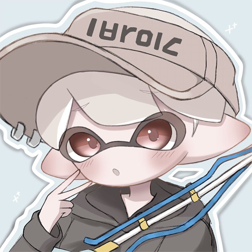 1boy :o black_hoodie blue_background commentary furrowed_brow grey_hair grey_hat gun hat highres holding holding_gun holding_weapon hood hoodie inkling inkling_(language) inkling_boy inkling_player_character male_focus nintendo pointy_ears print_headwear red_eyes red_pupils sh_f0y short_hair simple_background solo splatoon_(series) squiffer_(splatoon) symbol-only_commentary tentacle_hair upper_body v visor_cap weapon