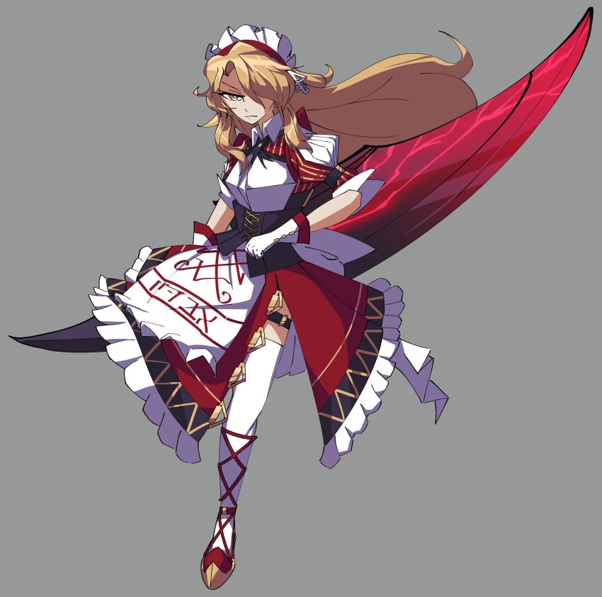 1girl absurdres alternate_costume angry apron blonde_hair dress greatsword grey_background hair_ornament highres jongk_ok long_hair maid maid_headdress puffy_short_sleeves puffy_sleeves red_dress short_sleeves simple_background solo sword touhou touhou_(pc-98) weapon yellow_eyes yumeko_(touhou)