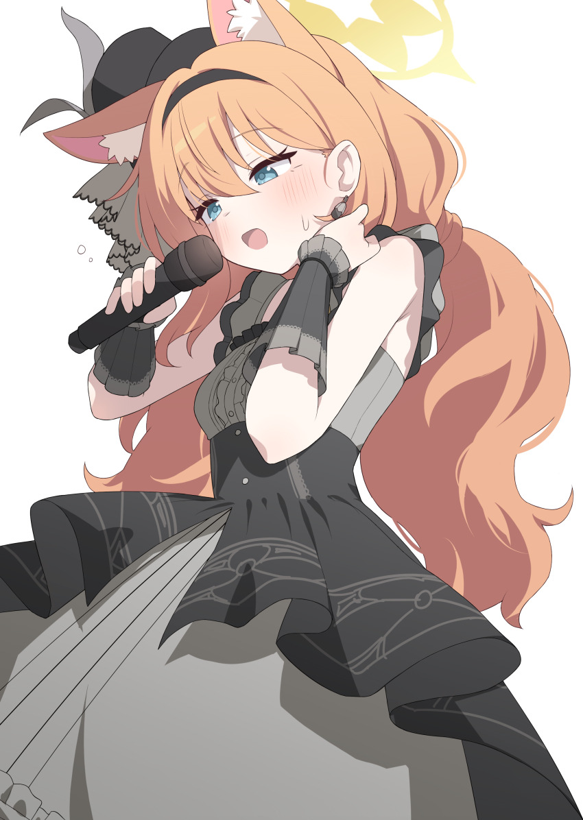 1girl absurdres animal_ear_fluff animal_ears black_dress black_hairband black_headband blue_archive blue_eyes blush cosplay dress flower flower_hat frills hagoonha hairband halo hat hat_flower headband highres holding holding_microphone idol_clothes long_hair low_twintails mari_(blue_archive) mari_(idol)_(blue_archive) microphone official_alternate_costume official_alternate_hairstyle orange_hair simple_background solo top_hat twintails white_background wrist_cuffs yellow_halo