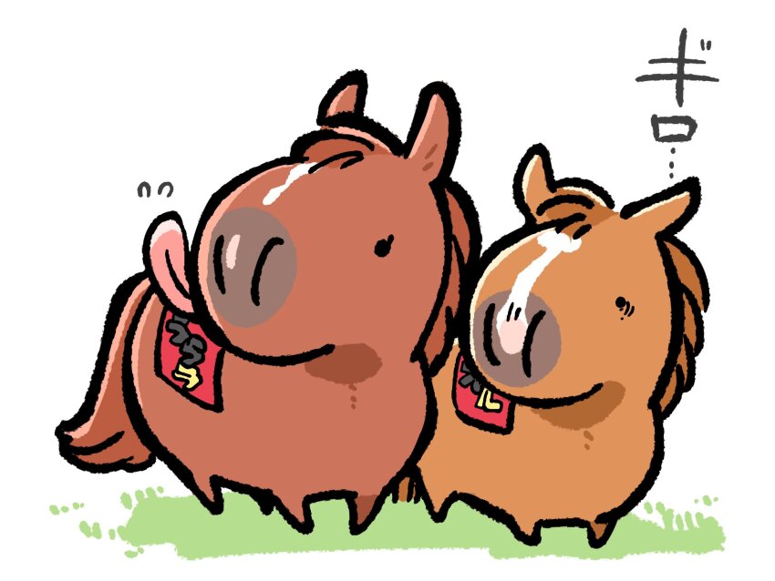 chibi chibi_only commentary_request father_and_daughter flying_sweatdrops highres horse lucky_lilac_(racehorse) no_humans on_grass orfevre_(racehorse) outdoors race_bib real_life sound_effects takatsuki_nato tongue tongue_out