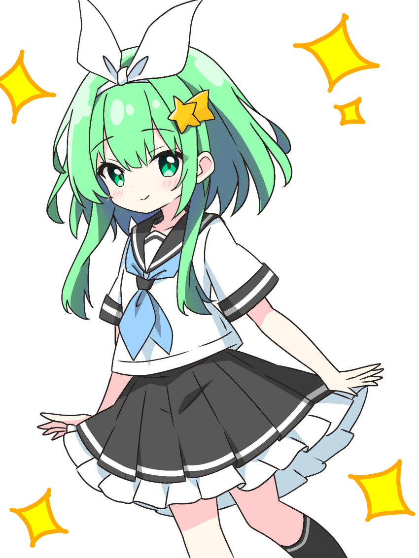 1girl black_sailor_collar black_skirt black_socks blue_neckerchief blush bow_hairband closed_mouth commentary_request dot_nose feet_out_of_frame frilled_skirt frills green_eyes green_hair hair_ornament hairband highres kotatsu-mazoku looking_at_viewer neckerchief original pleated_skirt sailor_collar school_uniform serafuku shirt shooting_star_hair_ornament short_hair_with_long_locks short_sleeves simple_background skirt smile socks solo sparkle star_(symbol) star_hair_ornament white_background white_hairband white_shirt