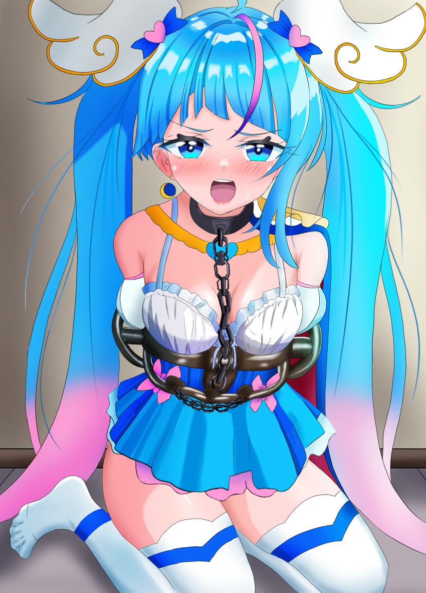 1girl absurdres armband arms_behind_back blue_cape blue_eyes blue_hair blue_shirt blush breasts cape chain commentary cure_sky cut_bangs earrings feather_hair_ornament feathers frown hair_ornament half-closed_eyes highres hirogaru_sky!_precure indoors jewelry kneeling long_hair looking_at_viewer magical_girl manga_sakuga_(precure) medium_breasts multicolored_hair no_pants no_shoes open_mouth pink_hair precure red_cape restrained shirt solo sora_harewataru spaghetti_strap streaked_hair sweatdrop thighhighs two-sided_cape two-sided_fabric two-tone_hair very_long_hair white_thighhighs