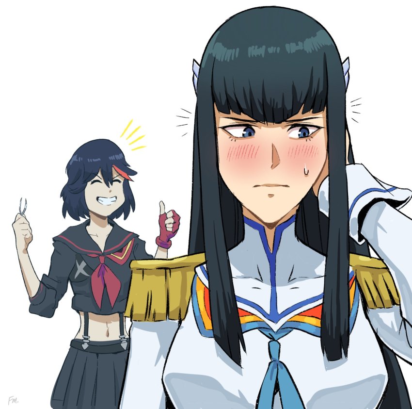 2girls alternate_eyebrows black_hair blue_eyes blush breasts dress epaulettes fingerless_gloves francisco_mon gloves hand_in_own_hair highres kill_la_kill kiryuuin_satsuki long_hair long_sleeves medium_breasts multicolored_hair multiple_girls navel pleated_skirt red_hair school_uniform serafuku siblings sidelocks signature single_fingerless_glove sisters skirt streaked_hair suspenders sweatdrop thumbs_up tweezers two-tone_hair white_dress