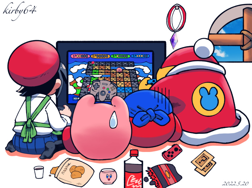 1girl adeleine bandana bandana_waddle_dee batchgooya beret blue_bandana chips_(food) food hat highres joy-con king_dedede kirby kirby_(series) kirby_64 nintendo nintendo_64_controller pom_pom_(clothes) potato_chips red_hat soda_bottle television