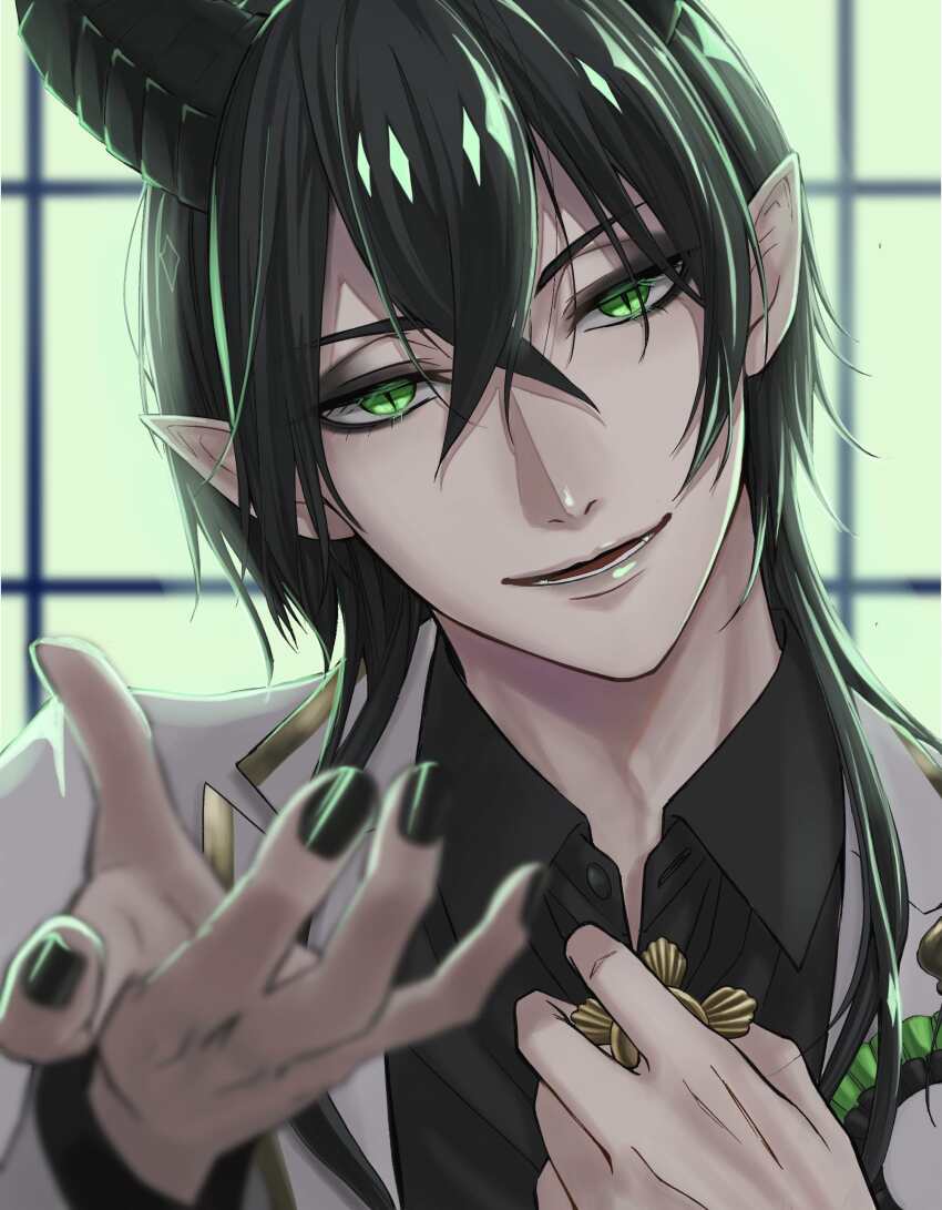1boy absurdres black_hair black_nails black_shirt commentary_request dragon_boy dragon_horns green_background green_eyes head_tilt highres horns jacket long_hair looking_at_viewer male_focus malleus_draconia pointy_ears shirt slit_pupils solo twisted_wonderland ukichan12011 upper_body