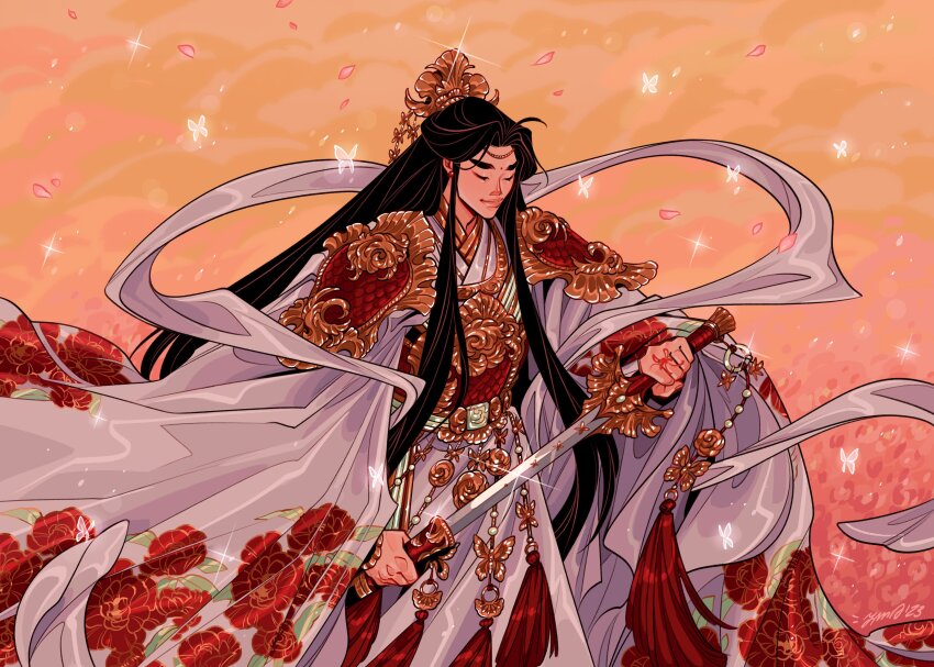 1boy absurdres armor belt black_hair breastplate bug butterfly butterfly_hair_ornament butterfly_ornament chinese_armor chinese_clothes closed_mouth commentary earrings falling_petals floral_print flower fmd glowing_butterfly gold_trim hair_bun hair_ornament hanfu highres holding holding_sword holding_weapon huadian insect jade_(gemstone) jewelry jian_(weapon) long_hair long_sleeves male_focus orange_background ornate_armor ornate_clothes outdoors parted_bangs petals pink_background pink_petals red_flower ribbon robe sheath shoulder_armor single_hair_bun smile solo sparkle string string_around_finger string_of_fate sword sword_tassel symbol-only_commentary tassel tianguan_cifu unsheathing very_long_hair weapon white_butterfly white_hanfu white_robe wide_sleeves wuxia xiao_guan_(headdress) xie_lian