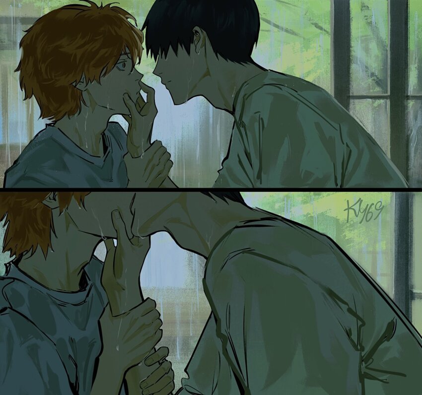 2boys artist_name black_hair french_kiss haikyuu!! hand_on_another&#039;s_arm hand_on_another&#039;s_face highres hinata_shouyou imminent_kiss kageyama_tobio kiss ky_69 looking_at_another male_focus multiple_boys orange_eyes orange_hair rain shirt short_hair upper_body wet wet_clothes wet_hair white_shirt yaoi