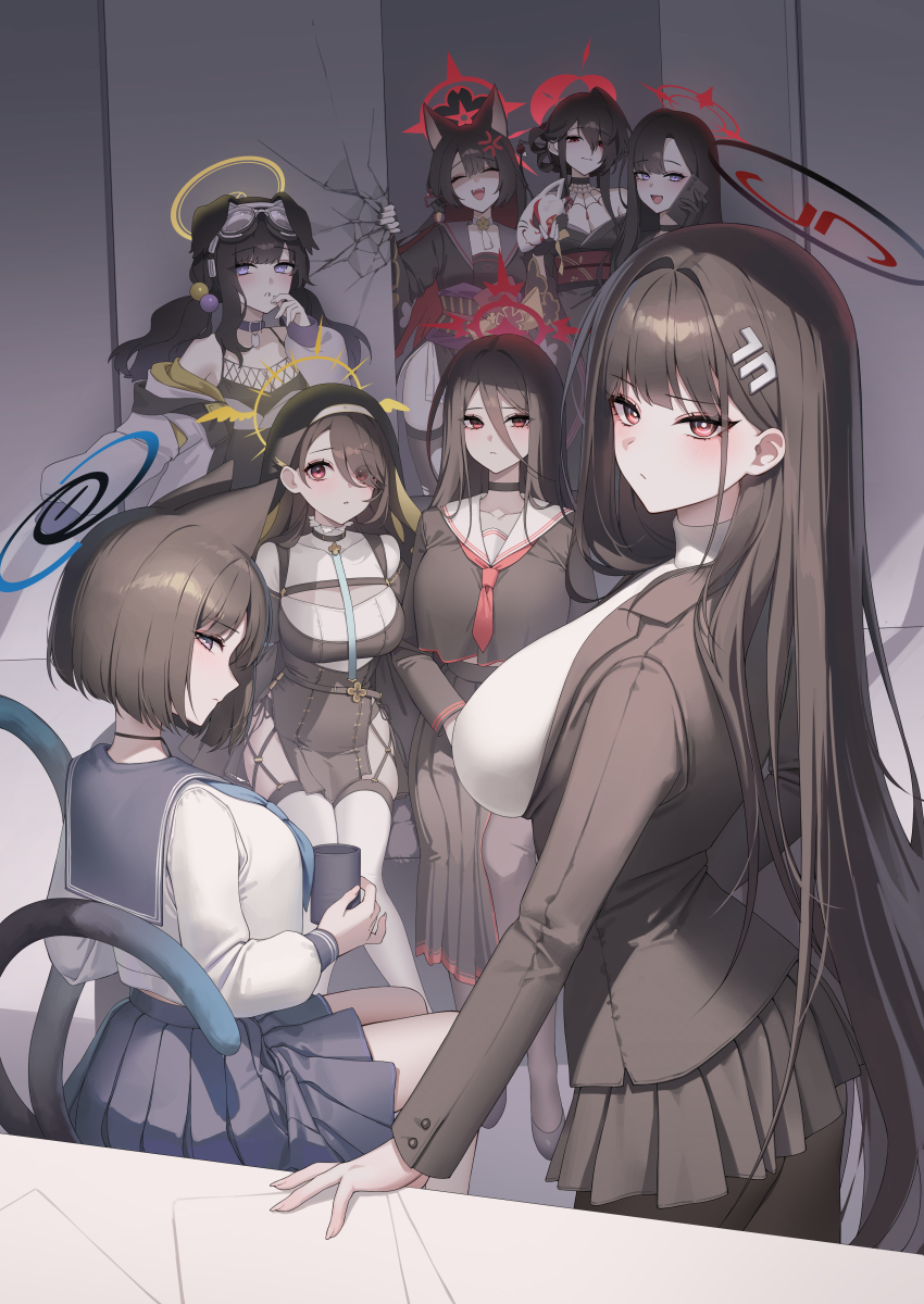 6+girls absurdres animal_ears arm_support bare_shoulders black_choker black_gloves black_hair black_kimono black_serafuku blue_archive blue_eyes blue_halo blue_neckerchief blue_sailor_collar blue_skirt breasts cat_ears cat_tail choker closed_eyes closed_mouth commentary crack cracked_wall cup dog_ears dog_girl fang formal_clothes fox_ears fox_girl fox_mask frills gloves goggles goggles_on_head habit hair_between_eyes hair_bun hair_intakes hair_ornament hair_over_one_eye hair_stick hairclip halo hasumi_(blue_archive) hibiki_(blue_archive) highres hinata_(blue_archive) holding holding_cup holding_mask holding_phone ichika_(blue_archive) japanese_clothes kikyou_(blue_archive) kimono kokuriko_(blue_archive) large_breasts long_hair long_skirt looking_at_viewer looking_to_the_side mask miniskirt multiple_girls multiple_tails nail_polish neck_ribbon neckerchief nun off_shoulder open_mouth pantyhose paper parted_bangs pelvic_curtain phone pleated_skirt pom_pom_(cheerleading) purple_eyes raki_kr red_eyes red_halo ribbon ribbon_choker rio_(blue_archive) sailor_collar sash school_uniform serafuku short_hair sitting skirt smile suit table tail thighhighs trait_connection two_tails veil wakamo_(blue_archive) winged_halo yellow_halo