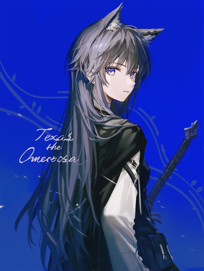 1girl animal_ear_fluff animal_ear_piercing animal_ears arknights black_cape black_hair blue_background cape character_name commentary hair_between_eyes highres huanxiang_heitu long_hair long_sleeves looking_at_viewer multicolored_eyes official_alternate_costume parted_lips purple_eyes shirt solo symbol-only_commentary texas_(arknights) texas_the_omertosa_(arknights) turning_head two-tone_eyes white_shirt wolf_ears wolf_girl yellow_eyes