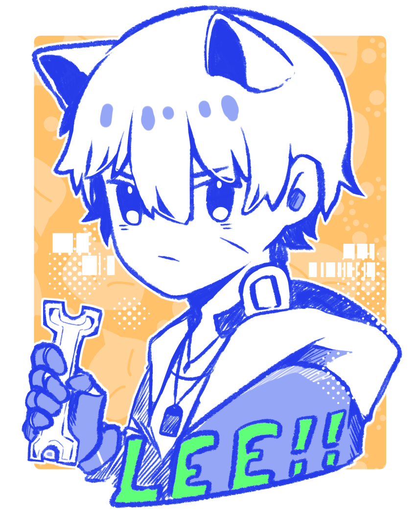 1boy absurdres animal_ears cat_ears dochikun greyscale highres holding_tool image_sample lee:_entropy_(pgr) lee_(pgr) looking_at_viewer mechanical_arms monochrome pixiv_sample punishing:_gray_raven solo solo_focus wrench