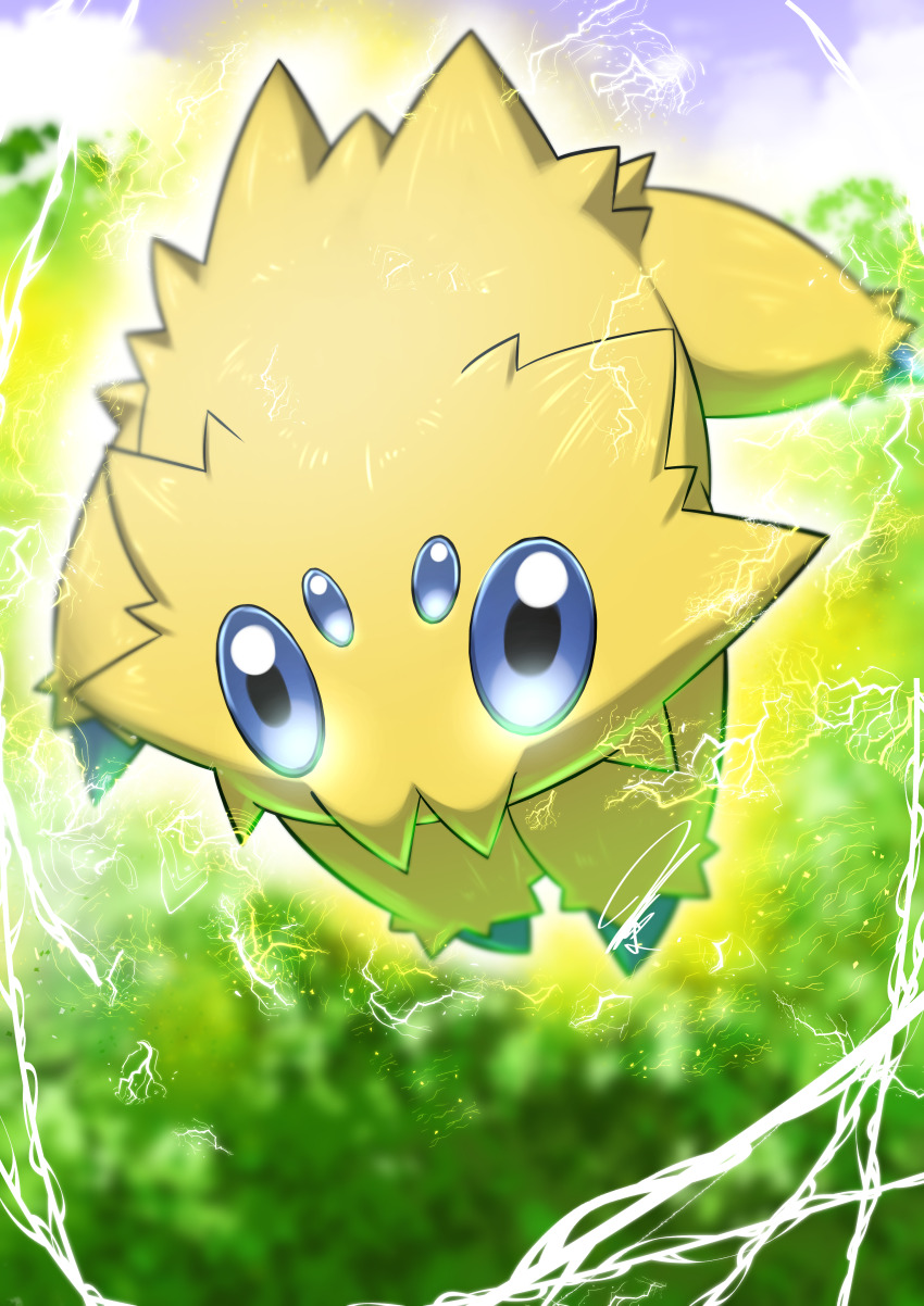 absurdres aura black_eyes blue_sclera blue_sky blurry blurry_background cloud colored_sclera electricity extra_eyes floating four_eyes full_body game_freak gen_5_pokemon gold_aura grass highres joltik light_particles looking_at_viewer mitsukuma448 nature nintendo no_humans outdoors pokemon pokemon_(creature) sky solo tree yellow_fur