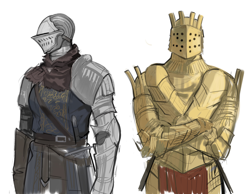 192_saioma 1boy 1girl armor black_shirt blue_tabard chosen_undead commentary cowboy_shot crossed_arms dark_souls_(series) dark_souls_i full_armor gauntlets helmet highres knight knight_lautrec_of_carim looking_afar looking_at_viewer pauldrons sheath sheathed shirt shoulder_armor simple_background sword tabard weapon white_background