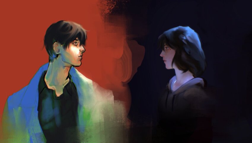 1boy 1girl :| black_eyes black_hair black_hoodie black_shirt closed_mouth coat collared_shirt double-parted_bangs fading hair_between_eyes han_sooyoung hood hoodie kim_dokja light_frown looking_at_another macaronijail medium_hair omniscient_reader&#039;s_viewpoint shirt split_screen upper_body white_coat