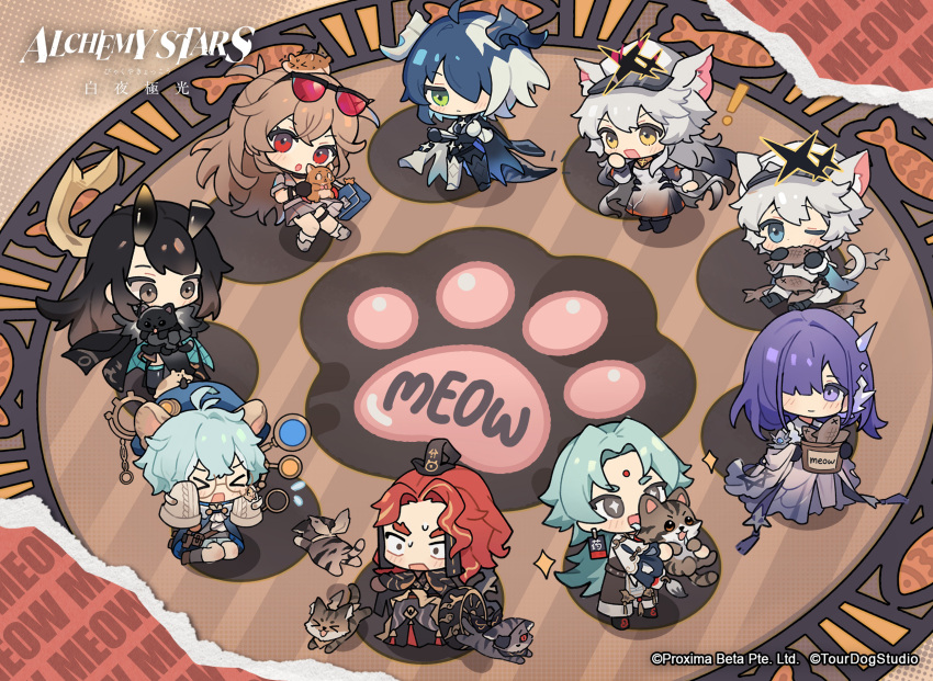 &gt;_&lt; 3boys 6+girls alchemy_stars animal animal_ears basket black_hair blue_eyes blue_hair blush broken_horn brown_eyes brown_hair brown_sweater cat cat_ears cat_tail chibi copyright_name dress drooling eating eyepatch fish green_eyes hair_over_one_eye hat highres holding holding_animal holding_basket holding_cat horns liqing_(alchemy_stars) looking_at_another looking_at_viewer military_hat mu_yuebai_(alchemy_stars) multicolored_hair multiple_boys multiple_girls official_art paw_print philyshy_(alchemy_stars) purple_dress purple_eyes purple_hair red-tinted_eyewear red_eyes red_hair ruby_(alchemy_stars) sariel_(alchemy_stars) school_uniform second-party_source sharona_(alchemy_stars) sitting sparkling_eyes sunglasses sweater tail tinted_eyewear two-tone_hair vergil_(alchemy_stars) white_hair wide-eyed yellow_eyes yumi_(alchemy_stars) zhong_xu_(alchemy_stars)