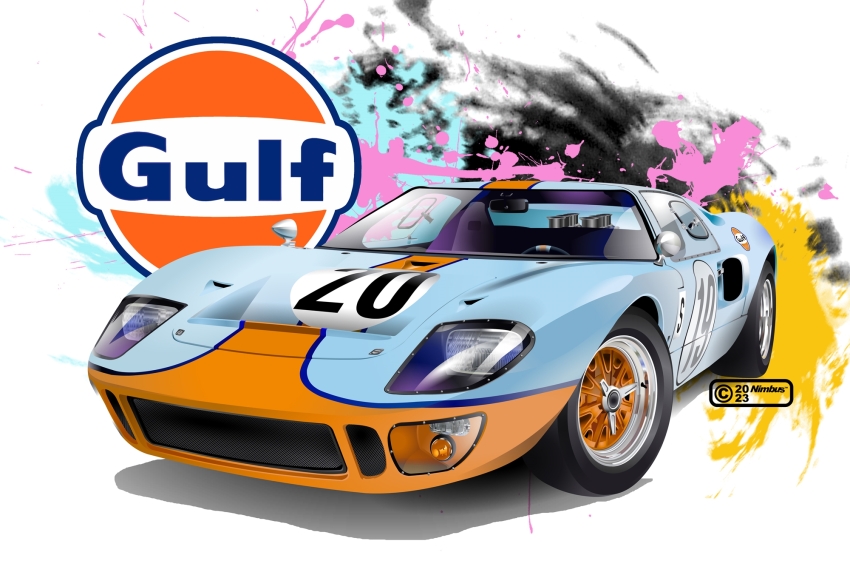 2023 artist_name car commentary_request ford_gt40 highres left-hand_drive motor_vehicle multicolored_background nimbus_goldbrum no_humans original race_vehicle racecar rear-view_mirror shadow side-view_mirror sports_car steering_wheel vehicle_focus