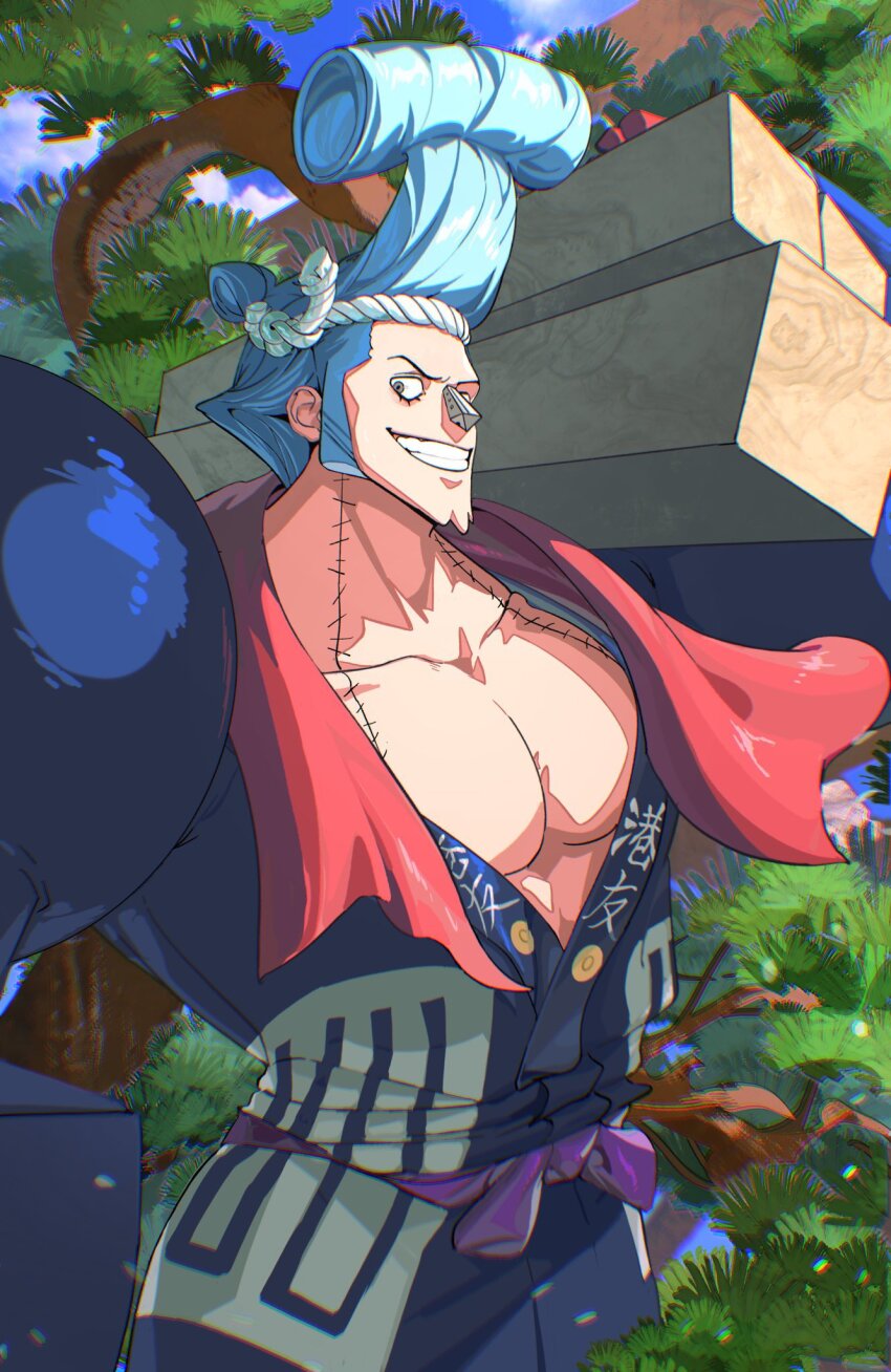 1boy carpenter carrying_over_shoulder cowboy_shot cyborg double_chin franky_(one_piece) grin hachimaki headband highres large_pectorals male_focus muscular muscular_male mygiorni official_alternate_costume official_alternate_hairstyle one_piece pectoral_cleavage pectorals smile solo spiked_hair stitches tree v-taper wood