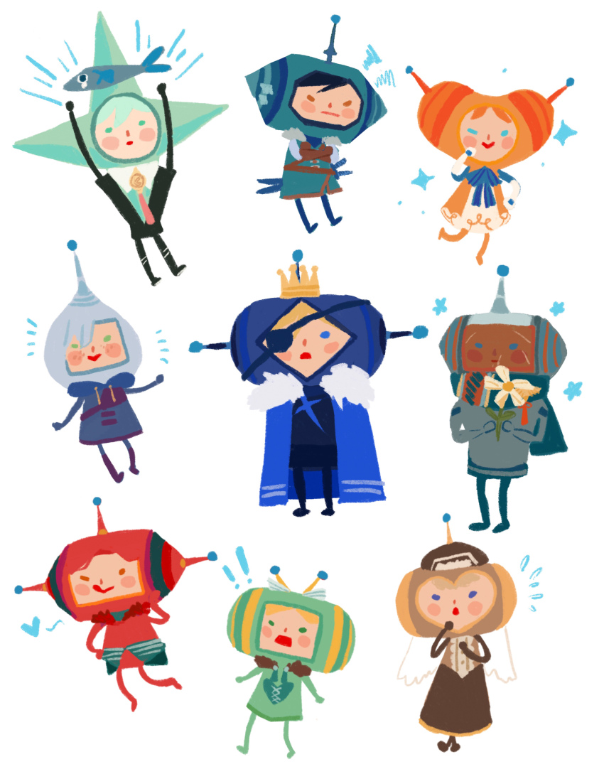 ! !! 3girls 6+boys absurdres annette_fantine_dominic aqua_tunic arm_up armor arms_up ashe_ubert belt black_armor blonde_hair blue_cape blue_eyes blue_hair blue_hood blue_ribbon blue_scarf blush brown_belt brown_fur brown_gloves male_byleth_(fire_emblem) cape chest_belt collared_shirt crossed_arms crossover dark-skinned_male dark_blue_hair dark_skin dedue_molinaro dimitri_alexandre_blaiddyd drawstring dress emphasis_lines eyepatch felix_hugo_fraldarius fire_emblem fire_emblem:_three_houses fish flower flying_sweatdrops frilled_dress frills fur-trimmed_cape fur_trim gloves green_dress green_eyes hand_on_own_face hand_on_own_hip hat heart highres holding holding_flower hood hood_down ingrid_brandl_galatea katamari_damacy mercedes_von_martritz multiple_boys multiple_girls multiple_scars neck_ribbon necktie nintendo one_eye_closed one_eye_covered open_mouth patterned_clothing red_fur red_hair red_necktie ribbon scar scar_on_face scarf shirt simple_background spearmintaii squiggle standing standing_on_one_leg star_(symbol) sweatdrop sylvain_jose_gautier tongue tongue_out tunic white_background white_flower white_fur wing_collar
