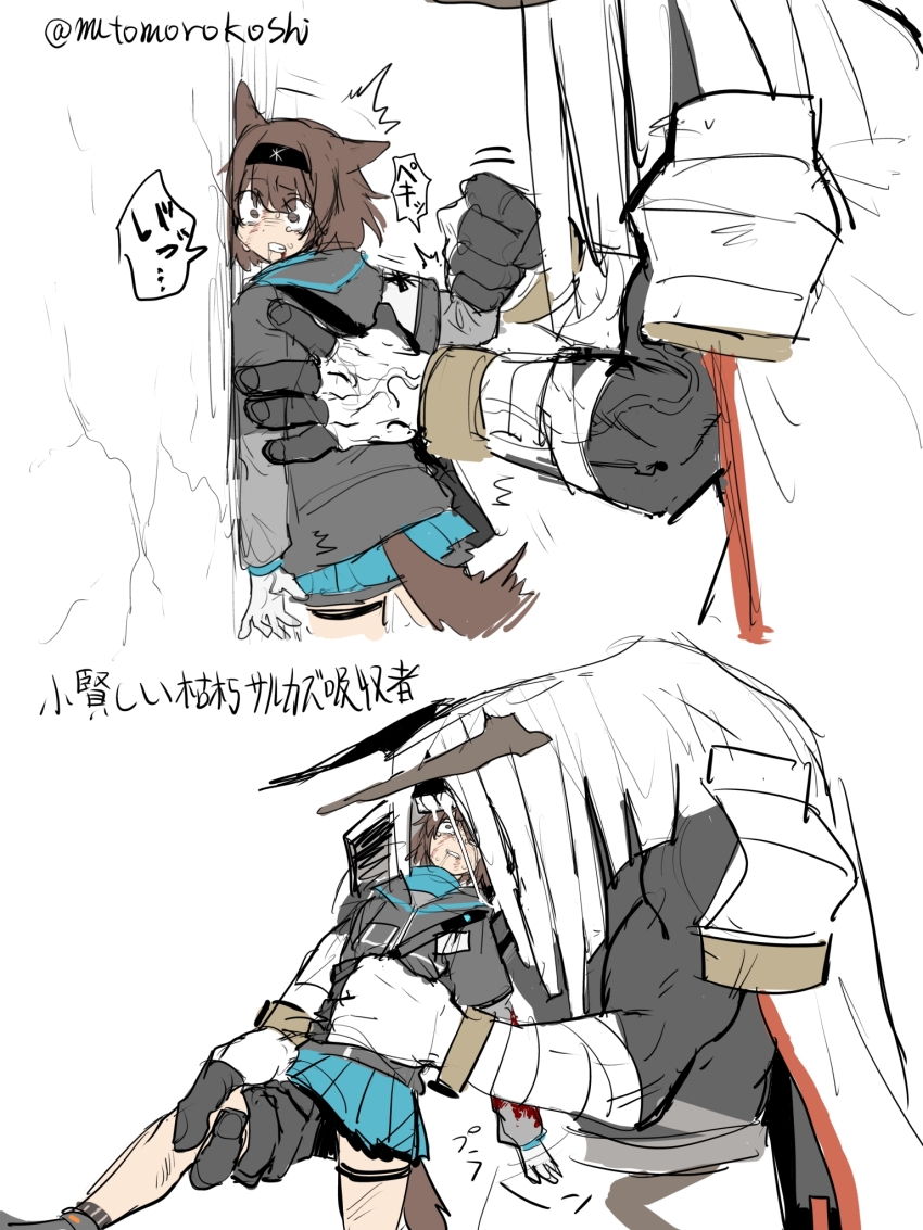 1boy 1girl against_wall animal_ears arknights arm_wrap black_hairband black_jacket black_skin blue_skirt broken_arm brown_eyes brown_hair cape colored_skin constricted_pupils crying crying_with_eyes_open eating fox_ears fox_girl fox_tail hairband hand_on_another&#039;s_back highres hood hood_down hooded_jacket horns horrified imminent_bite injury jacket layered_sleeves lifting_person long_sleeves miniskirt monster monster_boy mutomorokoshi peril pleated_skirt rhodes_island_medic_(arknights) ryona saliva sarkaz_wither_devourer short_hair short_over_long_sleeves short_sleeves simple_background skirt tail tears topless_male translation_request twitter_username veins vore white_background white_cape wide-eyed