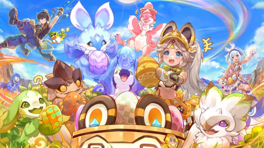 1boy 2girls 6+others ? ajaw_(genshin_impact) animal_ears animal_hat black_gloves black_hair black_shirt blonde_hair blue_eyes blue_hairband blue_pants blush crop_top csyday easter_egg egg forehead genshin_impact gloves hairband hat holding holding_egg iktomisaurus_(genshin_impact) kachina_(genshin_impact) kinich_(genshin_impact) koholasaurus_(genshin_impact) long_hair midriff mualani_(genshin_impact) multiple_girls multiple_others official_art open_mouth pants ponytail qucusaurus_(genshin_impact) red_eyes second-party_source shirt shoes short_hair shorts tatankasaurus_(genshin_impact) tepetlisaurus_(genshin_impact) upper_body visor_cap white_hair yumkasaurus_(genshin_impact)