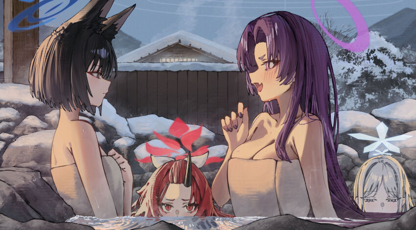 4girls absurdres animal_ears betabeet black_hair blue_archive blush breast_envy breasts cat_ears cleavage collarbone commentary cone_horns eyeshadow facing_another fang fence forehead grey_hair halo hand_on_own_chest highres horns hyakkaryouran_(blue_archive) kikyou_(blue_archive) large_breasts long_hair looking_at_another looking_at_breasts makeup multiple_girls nagusa_(blue_archive) nail_polish naked_towel onsen purple_hair red_eyeshadow red_hair renge_(blue_archive) same-sex_bathing shared_bathing short_hair single_horn skin_fang small_breasts snow straight_hair towel very_long_hair wooden_fence yukari_(blue_archive)