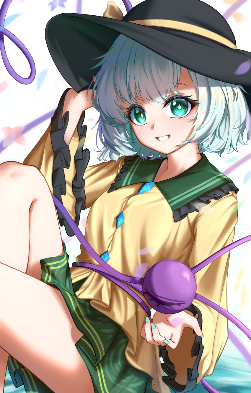 1girl absurdres aqua_hair aqua_nails bare_legs black_hat blouse bow bright_pupils buttons collared_shirt commentary diamond_button falling_petals feet_out_of_frame floral_print floral_print_skirt flower frilled_shirt_collar frills green_eyes green_skirt grin hand_on_headwear hand_up hat hat_bow highres komeiji_koishi long_sleeves looking_at_viewer mayou940114 miniskirt petals rose_print shirt short_hair sitting sitting_on_water skirt smile solo third_eye touhou white_pupils wide_sleeves yellow_bow yellow_shirt