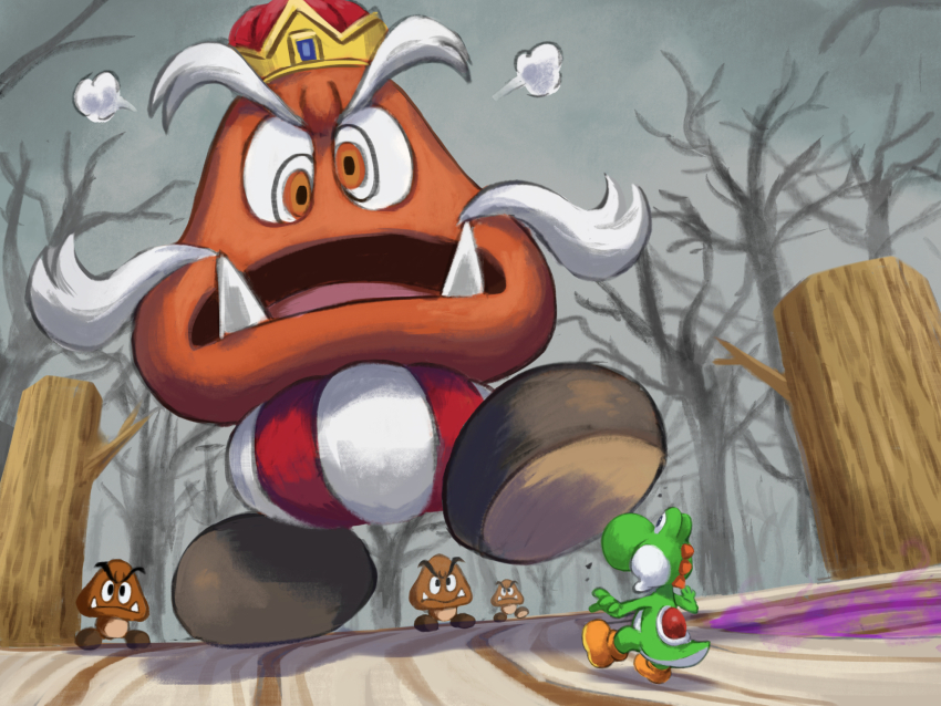 bare_tree boots brown_footwear cross-eyed crown giant goomba goomboss grey_sky highres mario_(series) nintendo no_humans open_mouth sky super_mario_64_ds tree tree_stump tusks ya_mari_6363 yoshi