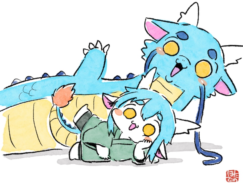 1boy :3 animal_ears chibi commentary commentary_request dragon dragon_boy dragon_ears dragon_horns dragon_tail dual_persona eastern_dragon eastern_dragon_horns eastern_dragon_tail english_commentary full_body green_kimono horns hotathino japanese_clothes kimono leg_up looking_at_viewer lying male_focus on_side original simple_background tail white_background