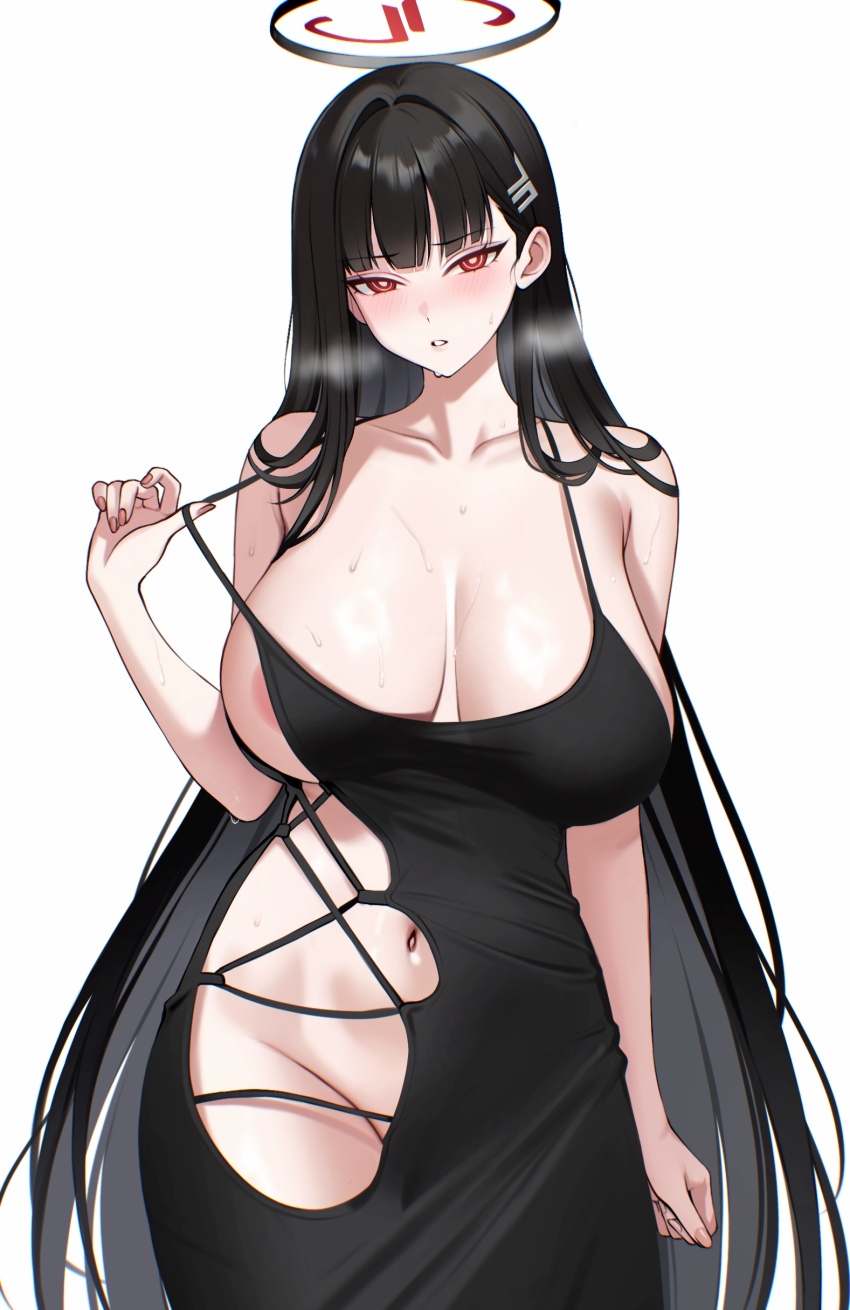 1girl absurdres alternate_costume areola_slip ateoyh black_hair black_halo blue_archive blush breasts collarbone commentary_request cowboy_shot fingernails groin hair_intakes hair_ornament hairclip halo hand_up heavy_breathing highres huge_breasts large_breasts long_hair looking_at_viewer navel pulling_own_clothes red_eyes rio_(blue_archive) simple_background solo strap_pull sweat thighs very_long_hair white_background