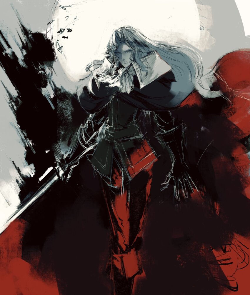 1boy alucard_(castlevania) androgynous ascot boots cape castlevania:_symphony_of_the_night castlevania_(series) closed_mouth commentary crossed_legs curtained_hair english_commentary floating_hair full_moon gloves highres holding holding_sword holding_weapon jacket kannoaki long_hair long_sleeves looking_at_viewer male_focus moon pants solo standing sword watson_cross weapon