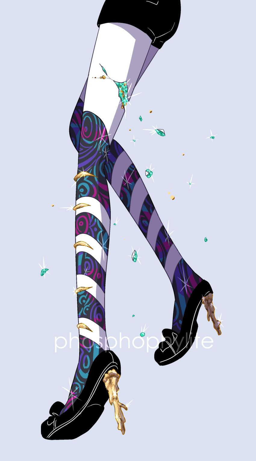 1other absurdres androgynous black_shoes black_shorts character_name commentary cracked_skin damaged gem_uniform_(houseki_no_kuni) gold high_heels highres houseki_no_kuni loafers lower_body molten_metal other_focus out_of_frame phosphophyllite phosphophyllite_(gemstone) shards shoe_soles shoes shorts simple_background solo sparkle spoilers standing striped_skin yagi_hara