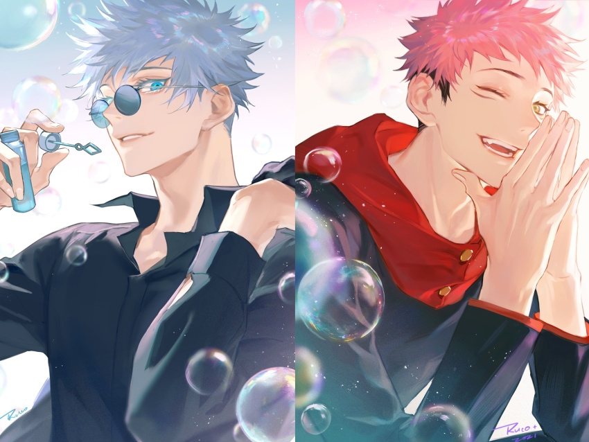2boys black_hair black_jacket black_shirt blowing_bubbles blue_eyes bubble collared_shirt facial_mark gakuran gojou_satoru hands_up high_collar highres holding hood hood_down hoodie itadori_yuuji jacket jujutsu_kaisen long_sleeves looking_at_viewer male_focus multiple_boys one_eye_closed open_mouth own_hands_together pink_hair red_hoodie round_eyewear ru_(famia) school_uniform shirt short_hair smile spiked_hair sunglasses undercut upper_body white_hair yaoi yellow_eyes