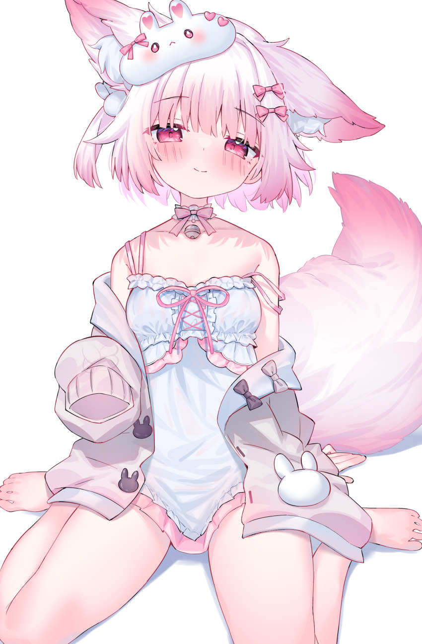 1girl absurdres animal_ear_fluff animal_ears barefoot bell blush bow breasts chemise choker closed_mouth collarbone commentary_request dress eip_(pepai) eye_mask fox_ears fox_girl fox_tail frilled_choker frills full_body grey_jacket hair_bow hair_ornament highres indie_virtual_youtuber jacket kohaku_uru looking_at_viewer mask mask_on_head neck_bell off_shoulder open_clothes open_jacket pink_bow pink_hair pink_tail rabbit_hair_ornament red_eyes single_bare_shoulder sitting small_breasts smile solo spaghetti_strap strap_slip tail virtual_youtuber wariza white_background white_dress