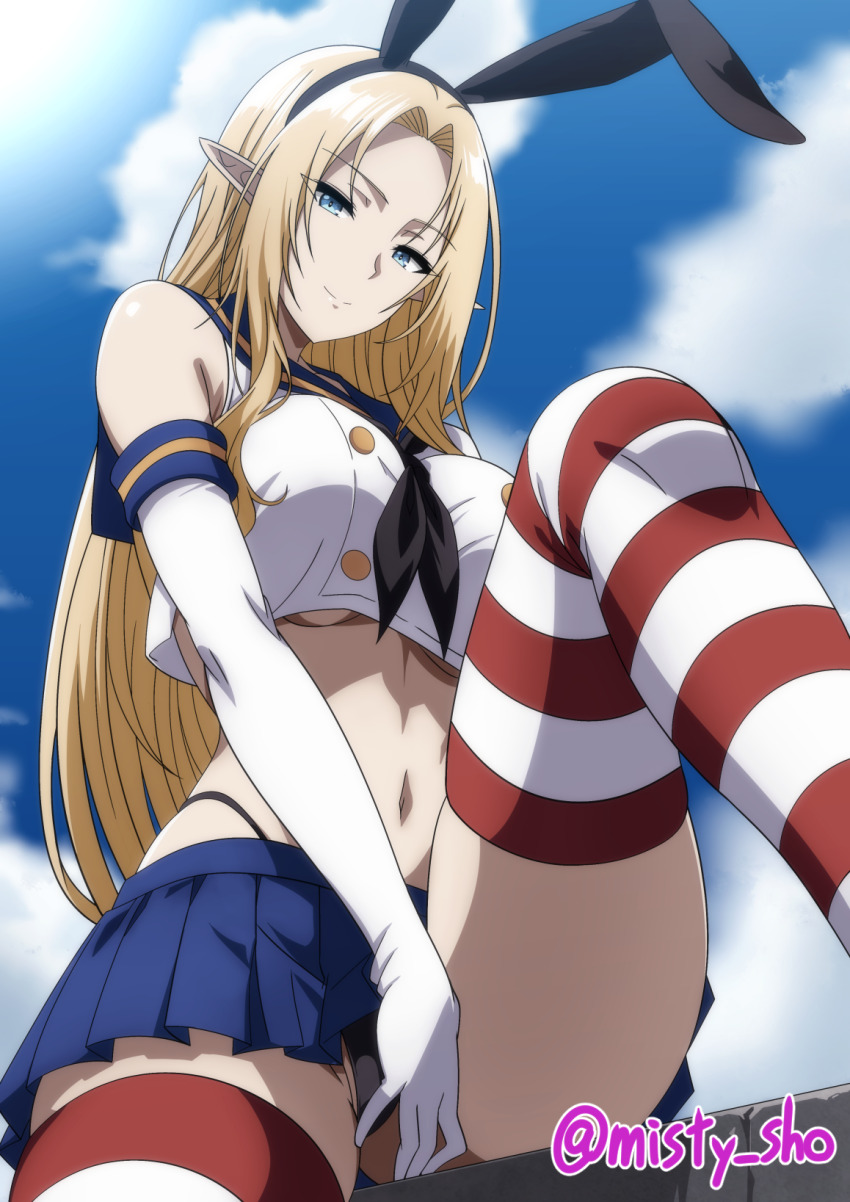 1girl alpha_(kage_no_jitsuryokusha_ni_naritakute!) black_neckerchief black_panties blonde_hair blue_eyes blue_sailor_collar blue_skirt breasts buttons cloud cosplay cropped_shirt double-breasted elbow_gloves gloves highres kage_no_jitsuryokusha_ni_naritakute! kantai_collection long_hair makiri_akira navel neckerchief paid_reward_available panties pantyshot pleated_skirt red_thighhighs sailor_collar shadow shimakaze_(kancolle) shimakaze_(kancolle)_(cosplay) shirt skirt sky sleeveless sleeveless_shirt solo stomach striped_clothes striped_thighhighs thighhighs thighs twitter_username underwear white_gloves white_shirt white_thighhighs