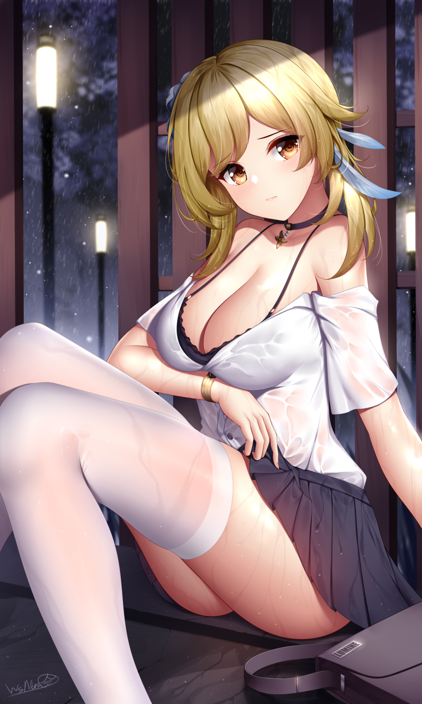 1girl arm_under_breasts black_bra blonde_hair bra breasts choker cleavage clothes_lift collar dripping genshin_impact highres large_breasts looking_at_viewer lumine_(genshin_impact) shiny_skin shirt skirt skirt_lift solo thighhighs thighs underwear wet wet_clothes white_shirt white_thighhighs wsman yellow_eyes