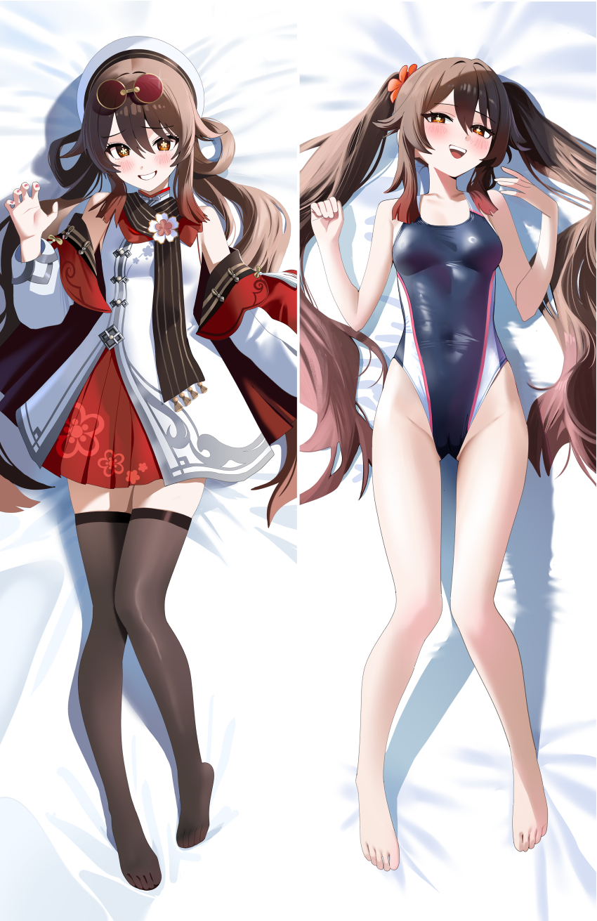 1girl absurdres alternate_costume alternate_hairstyle bare_legs bare_shoulders barefoot bed_sheet beret black_thighhighs blue_one-piece_swimsuit blush breasts brown_eyes brown_hair brown_scarf chinese_clothes claw_pose commentary_request competition_swimsuit dakimakura_(medium) dress eyewear_on_head flower-shaped_pupils full_body genshin_impact gou_d hair_between_eyes hair_rings hands_up hat highleg highleg_one-piece_swimsuit highres hu_tao_(cherries_snow-laden)_(genshin_impact) hu_tao_(genshin_impact) legs long_hair looking_at_viewer lying multiple_views navel off_shoulder official_alternate_costume official_alternate_hairstyle on_back on_bed one-piece_swimsuit red-tinted_eyewear red_skirt round_eyewear scarf skirt small_breasts smile soles striped_clothes striped_scarf sunglasses swimsuit symbol-shaped_pupils teeth thighhighs thighs tinted_eyewear toes twintails upper_teeth_only very_long_hair white_dress white_hat yellow-framed_eyewear zettai_ryouiki