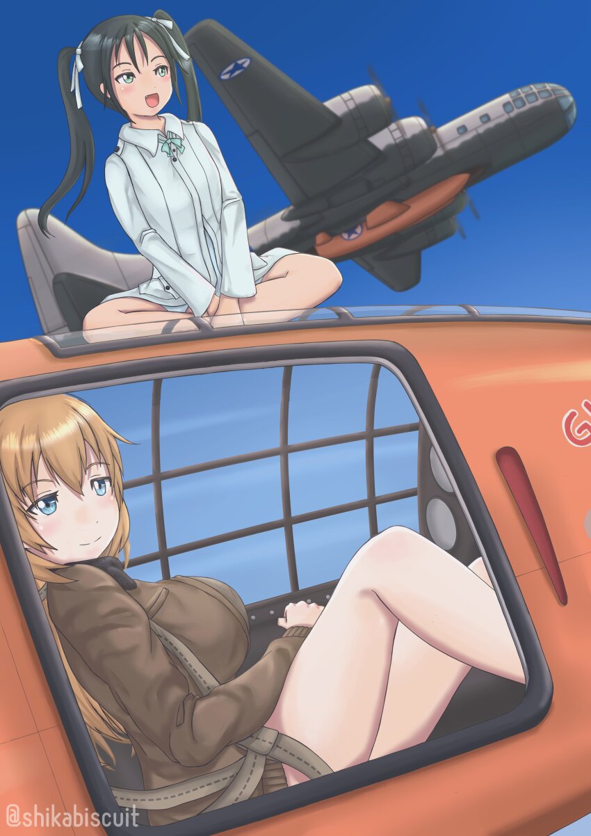 2girls absurdres aircraft airplane b-52_stratofortress black_hair blue_sky charlotte_e._yeager francesca_lucchini green_jacket highres jacket long_hair military military_uniform multiple_girls no_pants open_mouth orange_hair outdoors shikabiscuit sitting sky strike_witches twintails twitter_username white_jacket world_witches_series