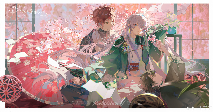 1girl 2boys absurdres ball blue_eyes border branch calligraphy_brush cherry_blossoms choker closed_mouth commission day dtt89211435 earrings expressionless eyelashes falling_petals feather_earrings feathers flower gem gloves green_choker green_eyes green_gloves green_hair hair_between_eyes hand_up heterochromia highres holding holding_branch holding_calligraphy_brush holding_paintbrush indoors japanese_clothes jewelry kimono lap_pillow long_hair long_sleeves looking_at_another lying multiple_boys obi oil-paper_umbrella original paintbrush paper parted_lips pearl_(gemstone) petals pink_flower pink_kimono pink_petals pink_rose profile red_hair red_sash red_umbrella rose sash short_hair sidelocks sitting sliding_doors spring_(season) sunlight temari_ball umbrella vase very_long_hair watermark weibo_watermark white_border white_hair wide_sleeves yellow_eyes