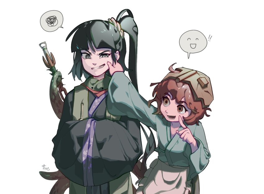 ! !! 2others adagumo_no_yaorochi angry apron black_hair black_sleeves blue_kimono bottle_opener brown_skirt cheek_pinching commentary fangs favnvs_(s910a_ib6) fingersmile forced_smile green_eyes green_scarf hakama hakama_pants hakama_short_skirt hakama_skirt happy helmet japanese_clothes katano_sukune kimono len&#039;en long_hair multiple_others multiple_tails open_mouth own_hands_clasped own_hands_together pants pinching pointing red_eyes red_hair scarf short_hair side_ponytail signature skirt slit_pupils smile snake_tail speech_bubble spoken_expression spoken_object spoken_squiggle squiggle sword_of_kusanagi tail tasouken teeth waist_apron white_apron wide_sleeves