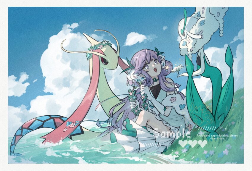 2girls :d arched_back bare_shoulders big_hair blue_flower border coat colored_eyelashes colored_sclera colored_skin commission double_bun dress florges florges_(white_flower) flower full_body fur_coat gen_3_pokemon gen_6_pokemon green_leotard green_skin hair_bun hair_flower hair_ornament head_wreath highres leotard long_hair looking_at_another milotic monster_girl multicolored_skin multiple_girls nintendo open_mouth outdoors pink_flower plant_girl pokemon pokemon_(creature) purple_eyes purple_hair red_sclera robinlovesop sitting sleeveless smile standing two-tone_skin water white_border white_coat white_dress white_hair white_skin