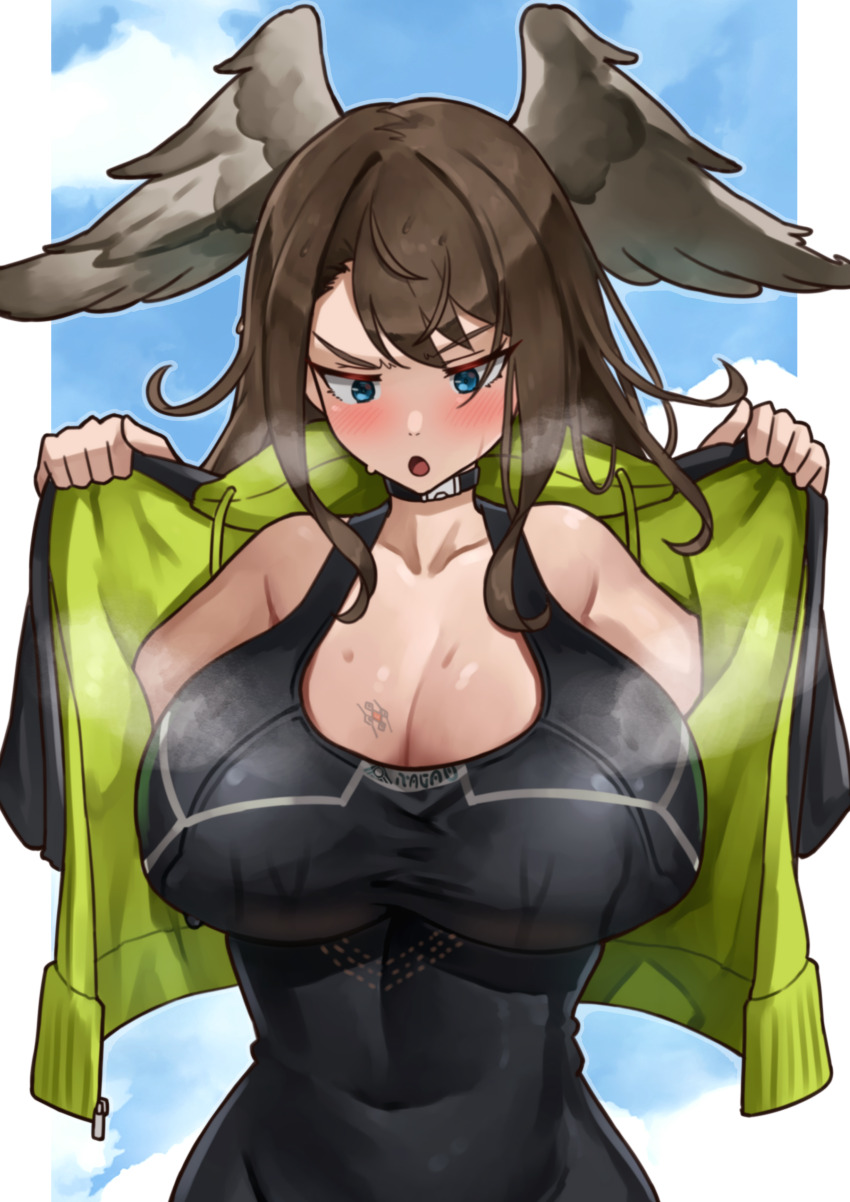 1girl absurdres bare_shoulders black_bodysuit black_jacket blue_eyes blue_sky blush bodysuit border breast_tattoo breasts brown_hair cleavage collarbone commentary_request covered_navel eunie_(xenoblade) feathered_wings green_jacket grey_wings head_wings highres hot huge_breasts jacket making-of_available medium_hair multicolored_jacket open_clothes open_jacket open_mouth outside_border pillarboxed sky sleeveless sleeveless_bodysuit solo steaming_body sweat tattoo two-tone_jacket undressing upper_body white_border wings xenoblade_chronicles_(series) xenoblade_chronicles_3 yotsuha_uni